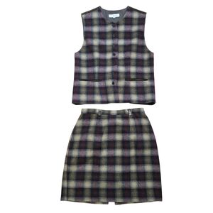 Vintage 2 Piece Green Plaid Wool Blend Vest And Skirt Set